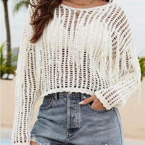 White Fringe Crochet Sweater off the shoulder